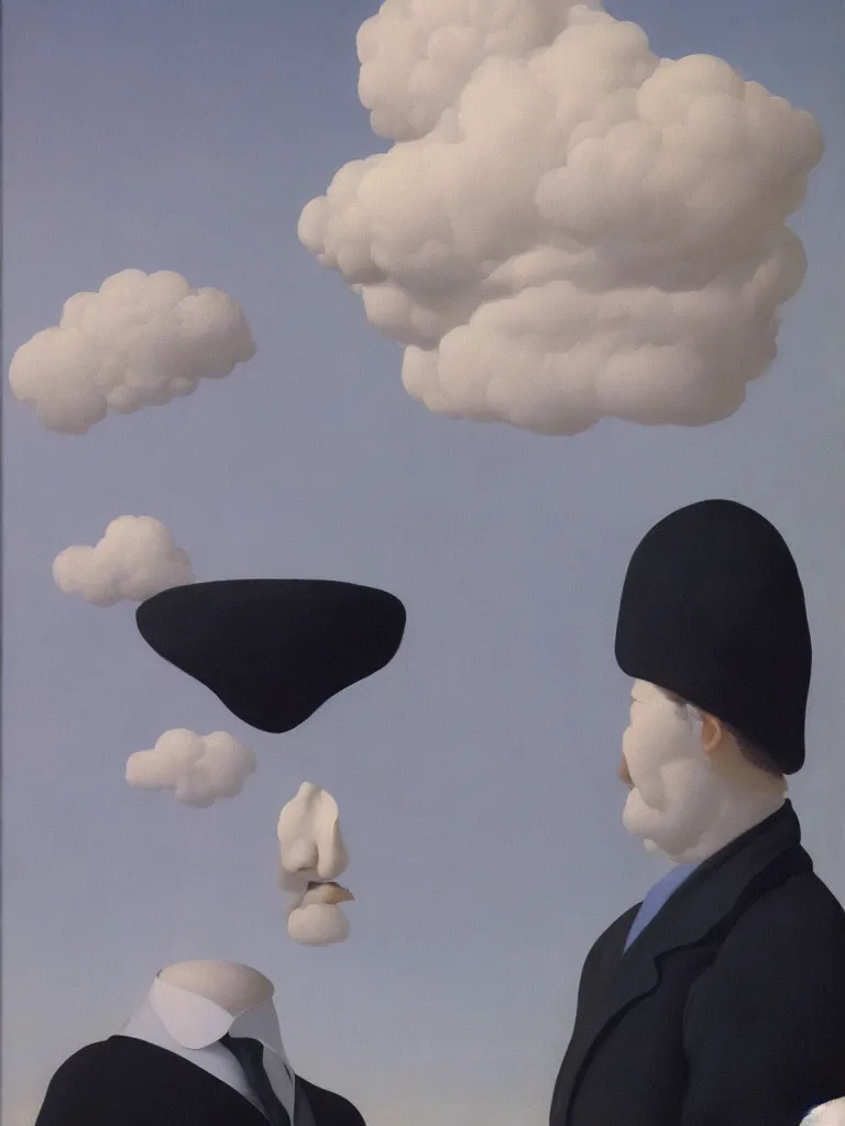 Image similar to portrwit of man with cloud instead of his head by rene magritte, detailed painting, hd, hq, high resolution, high detail, 4 k, 8 k