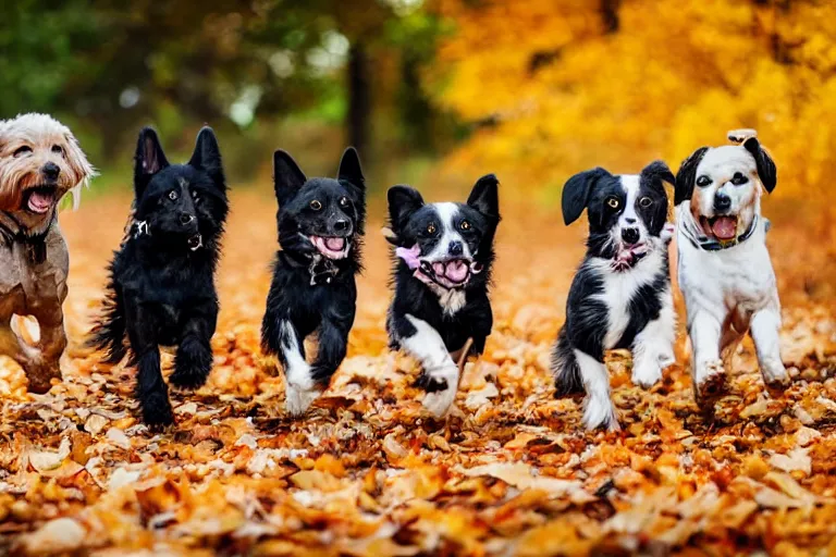 Image similar to four dogs of completely different breeds running through autumn leaves towards the camera