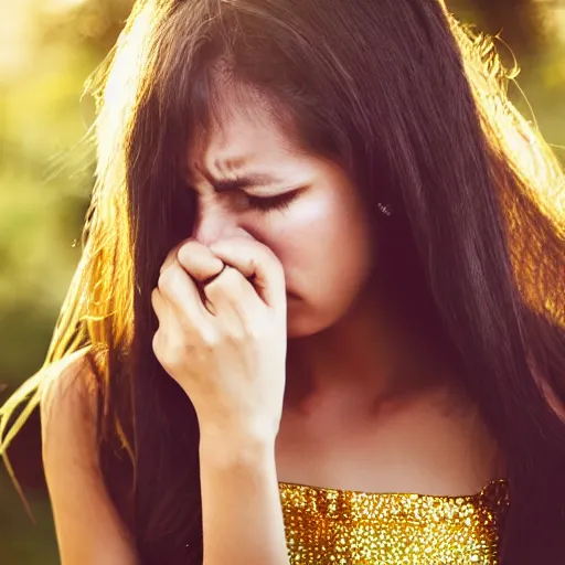 Prompt: woman crying diamond tears, long hair, mexican, long flowing dress, sad