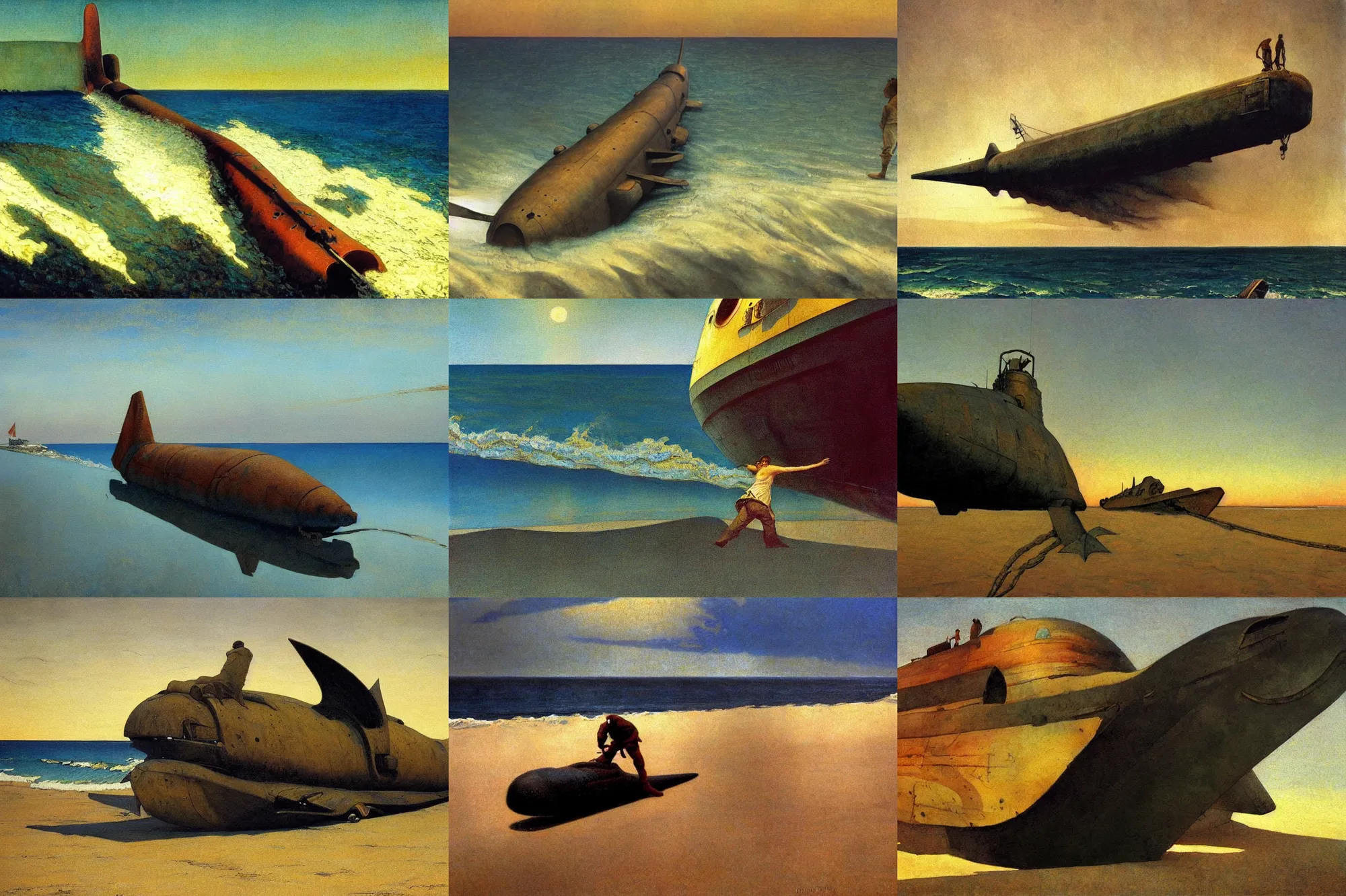 Prompt: nc wyeth painting, vanishing point, perspective, beached submarine, incredible, award winning, up close, climbing, beaching, rust, sadness, golden hour
