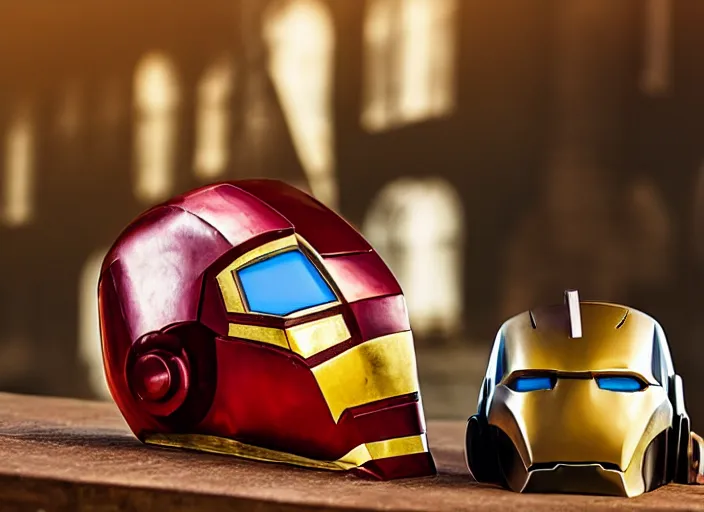 Prompt: a reflective steel engineering mask of ironman on table, medieval themed castle in golden afternoon light, professional food photography