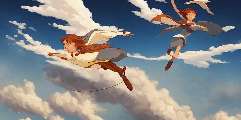 Image similar to A girl flying with a bird-shaped white glider over the clowds, Nausicaa of the Valley of the Wind, Miyazaki Hayao, ghibli style, highly detailed, digital painting, concept art, sharp focus, illustration, anime, trending on artstaion