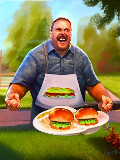 Prompt: a happy middle aged man fliping burgers in the grill on the lawn. intricate, elegant, highly detailed, digital painting, artstation, concept art, sharp focus, illustration, by justin gerard and artgerm, 8 k