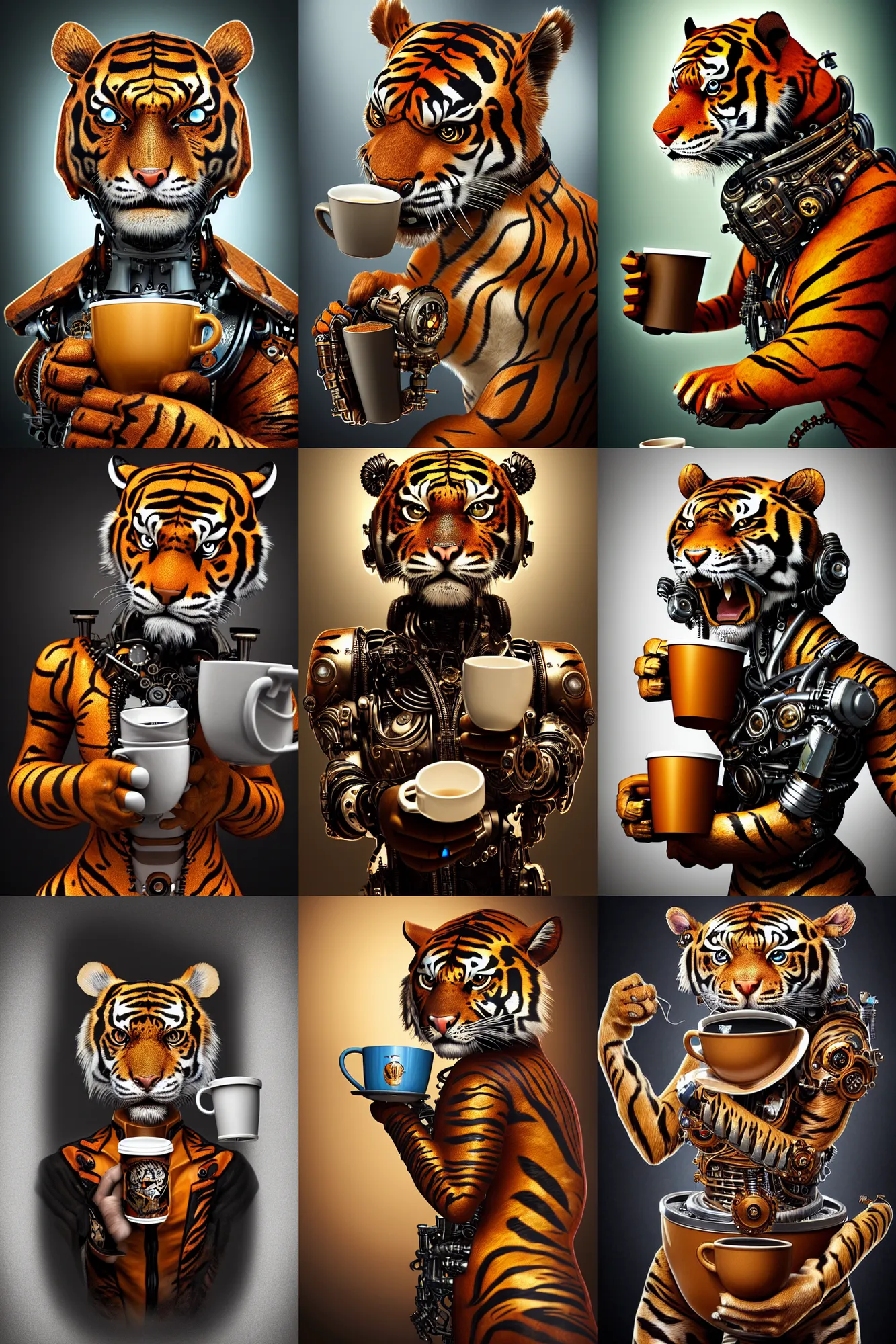 Prompt: a stunning intricate fine art portrait photo of a steampunk cyborg tiger holding a cup of coffee, in the style of pixar, perfection!, perfect face and eyes, studio lighting, 8 5 mm lens, very detailed, bionic, cybernetic scifi, deep depth of field, artstation, 8 k, highly coherent