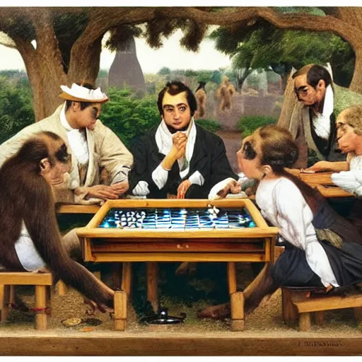 Prompt: A beautiful photograph of a group of monkeys playing backgammon. The monkeys are seated around a table, with some of them appearing to be deep in concentration while others appear to be playing more casually. Pride Prejudice, overhead view by Paul Gustave Fischer graceful