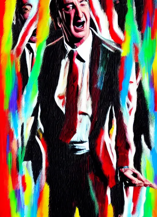 Prompt: saul goodman, screaming, multimedia painting by david lynch,'action lines '!!!, graphic style, visible brushstrokes, motion blur, blurry