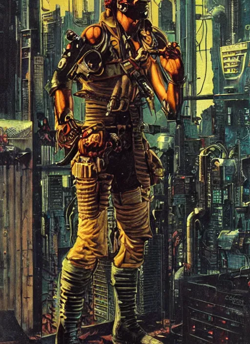 Image similar to cyberpunk mercenary. portrait by clyde caldwell and will eisner and gil elvgren