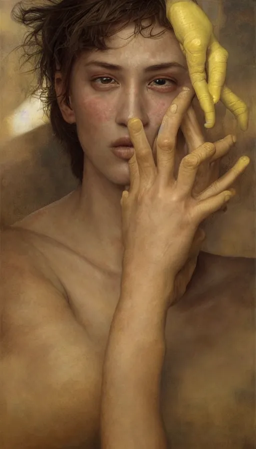 Prompt: epic masterpiece portrait of hands, drama, sweaty skin, hyperrealistic, octane render, cinematic, beautiful and flawless skin, perfect hands, 5 fingers, yellow by Edgar Maxence and Ross Tran and Michael Whelan and Lorenzo Sperlonga, Brom, Legends of Runeterra