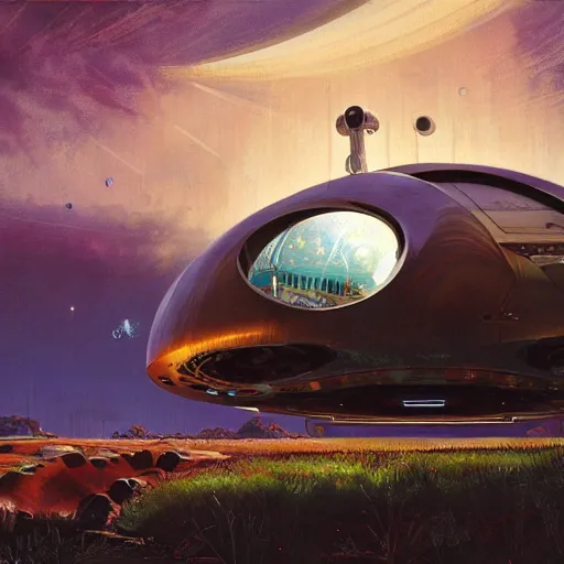 Prompt: painting of syd mead artlilery spaceship with ornate metal work lands in country landscape, filigree ornaments, volumetric lights, simon stalenhag