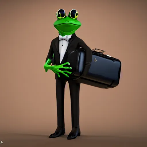 Image similar to a frog in a tuxedo suit holding a suitcase, octane render, hyperrealistic, 8K, 3D