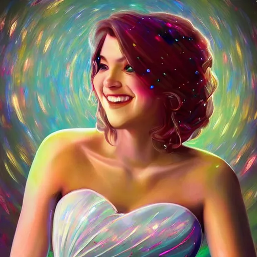 Prompt: a an ultra happy bridesmaid, majestic, disco balls, 8k resolution vivid painting trending on artstation Pill my face, still life A supersonic highway of light that allows you to drive