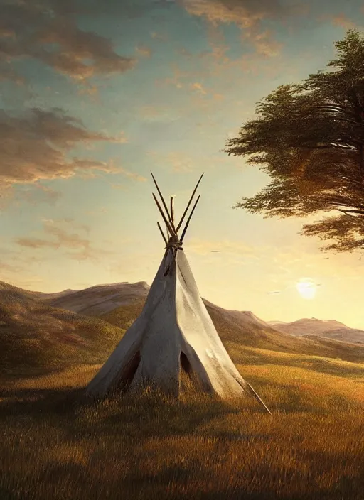 Prompt: an abandoned teepee on the top of a hill, sunrise, greg rutkowski, 8 k, shallow depth of field, intricate detail, concept art,