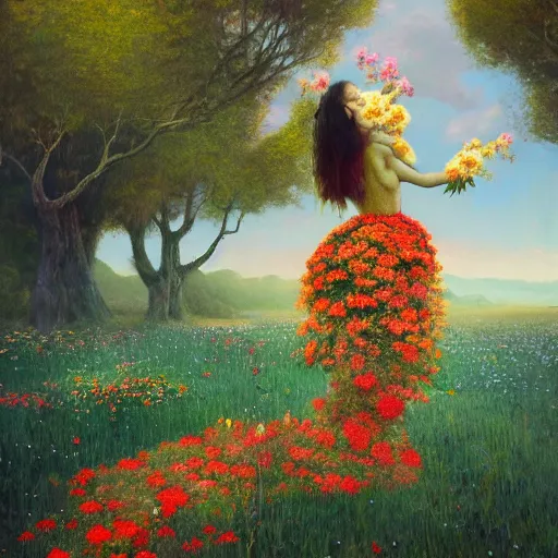 Prompt: The girl made out of flowers, surreal landscaping in the background, portrait by Esao Andrews, concept art, existential horror, 4k HD, trending on ArtStation