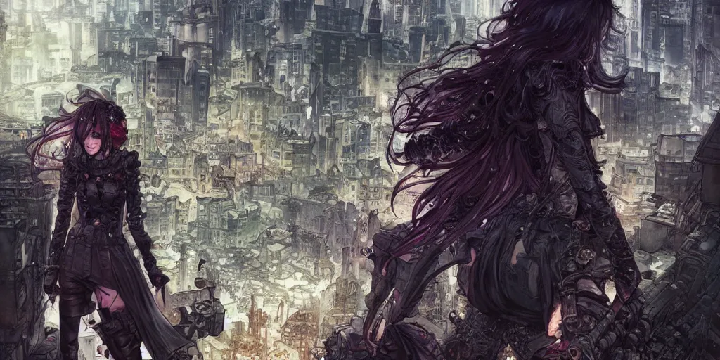 Image similar to goth woman in front of city, color page, tankoban, 4 k, tone mapping, akihiko yoshida, james jean andrei riabovitchev marc simonetti, yoshitaka amano, long hair, curly, h. hydrochaeri