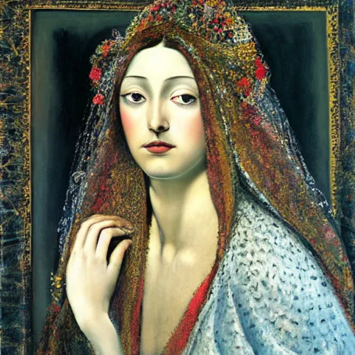 Prompt: oil painting of Queen of Ecstasy, Hungarian, curly dark hair, fair skin, veil by Georgia o Keeffe, by Marcel Jankowicz, by Botticelli, by Gustave Moreau,minimalist
