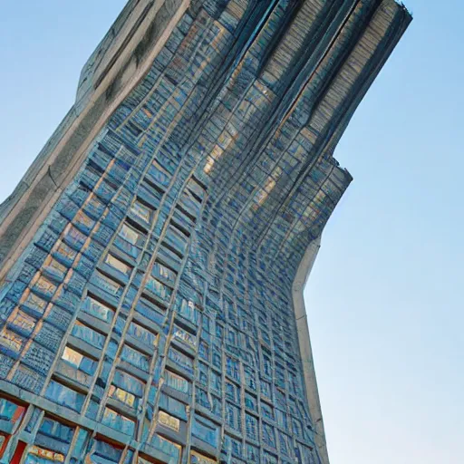 Image similar to a wide shot of a soviet beautiful brutalist monumental multi - building structure, tall buildings with spaceship parking lots on top, with many rounded elements sprouting from the base tower creating a feel of an organic structure, photography shot at blue hour