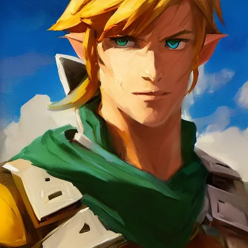 Image similar to greg manchess portrait painting of link from legend of zelda as overwatch character, medium shot, asymmetrical, profile picture, organic painting, sunny day, matte painting, bold shapes, hard edges, street art, trending on artstation, by huang guangjian and gil elvgren and sachin teng