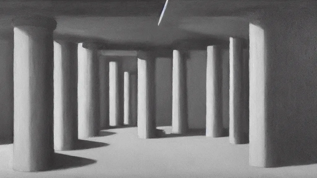 Image similar to minimalist industrial interior hallway with monolithic pillars in the style of ridley scott and stanley kubrick, realistic detailed painting by edward hopper