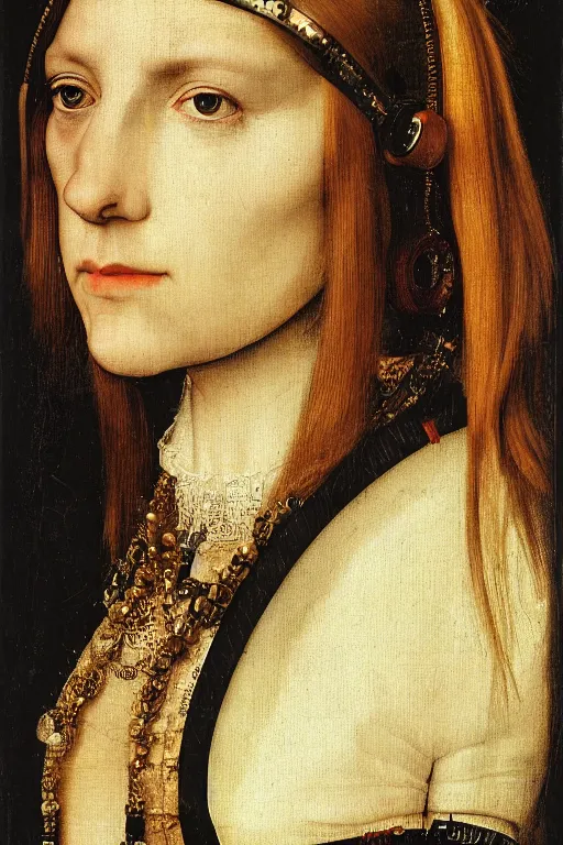 Image similar to a close - up portrait of a cyberpunk cyborg girl, by hans holbein the younger, rule of thirds