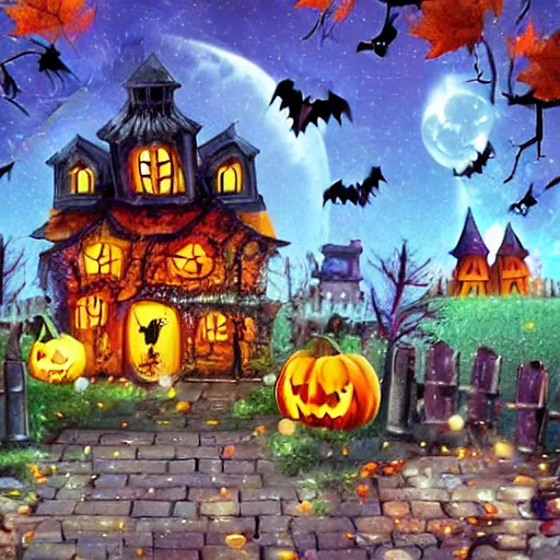 Image similar to Spooky Autumn Fantasy Art Halloween Village Decorations Flowers Glowing ghosts at night