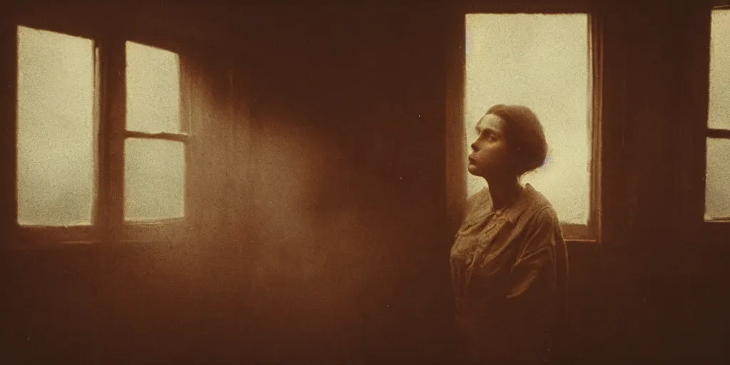 Image similar to portrait bust of young woman, tired expression, faded color film, russian cinema, tarkovsky, kodachrome, inside old cabin, next to window, heavy forest outside, long brown hair, old clothing, heavy fog, brown color palette, sunset, low light, hudson river school, 4 k, dramatic lighting, greg rutkowski