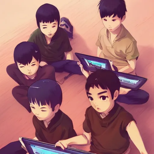 Prompt: four asian kids sitting around each holding a digital tablet, dramatic, top down view, comic cover style, by guweiz and wlop and ilya kuvshinov and artgerm and makoto shinkai and studio ghibli, aesthetic, gorgeous, stunning, alluring, attractive, artstation, deviantart, digital art