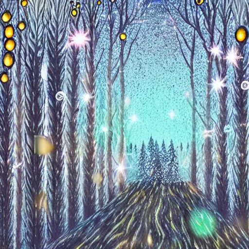 Image similar to bright nordic forest, sparkling spirits, detailed wide shot, crayon, ground detailed, wet eyes reflecting into eyes reflecting into infinity, beautiful lighting