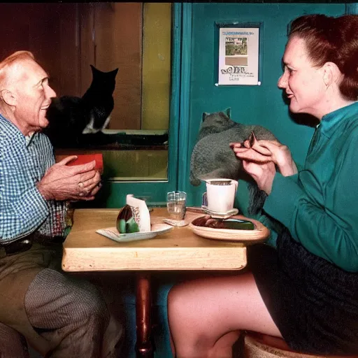 Prompt: kodachrome photo of a man and his wife talking about cats at a budy coffe shop, strong reds and greens color photo