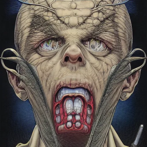 Prompt: portrait of crazy merlin, symmetrical, by yoichi hatakenaka, masamune shirow, josan gonzales and dan mumford, ayami kojima, takato yamamoto, barclay shaw, karol bak, yukito kishiro