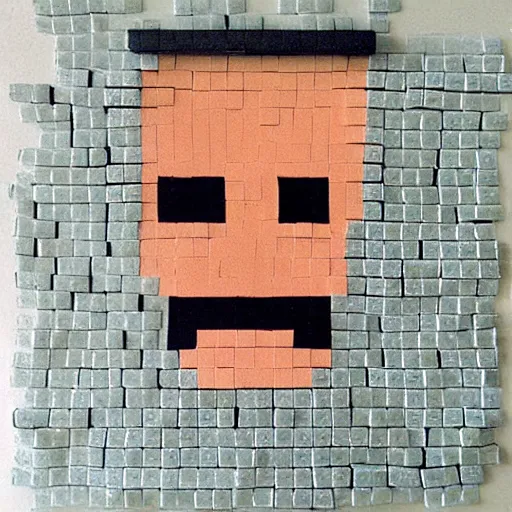 Image similar to steve from minecraft made with pieces of newspaper