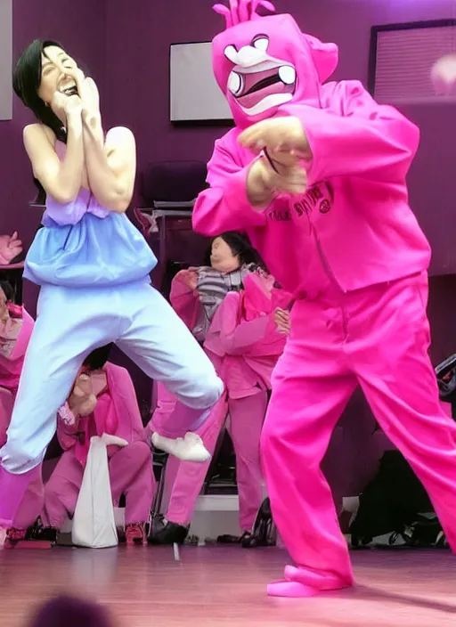 Prompt: goji singing in an scenario while filthy frank dances next to him in a pink outfit