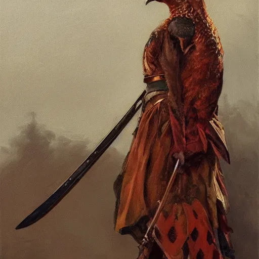 Prompt: a pheasant is girded with a belt, a sword hangs on the belt, by lily seika jones , rivuletpaper art, top cinematic lighting, cinematic mood, very detailed, shot in canon, by Viktor Vasnetsov, oil painting, harsh fairy tale, soft style, hyperrealism, beautiful, high resolution, trending on artstation, steps 50