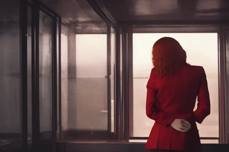 Prompt: a still from the move 2 0 4 9 depicting a beautiful young redheaded businesswoman in a tailored red suit staring out of a plate glass window. outside is the surface of the moon, mining operations are visible. sci fi, futuristic, cinematic, soft lighting