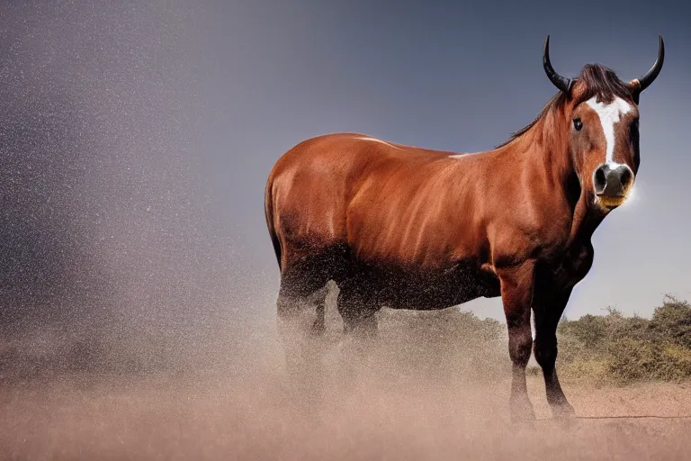 Image similar to a horse bull!!! hybrid! hyper realistic!! realistic lighting!! wildlife photographer of the year!!! bold natural colors, national geographic, hd, wide angle, 8 k