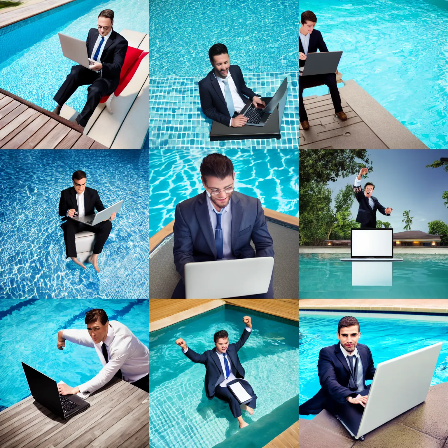 Prompt: stock photo as a man in a suit does business while in a pool. the man is using a laptop perched on the side of the pool. he has a fist raised triumphantly as he scores a new business deal. stock photograph, high resolution, ad image, 4 k,