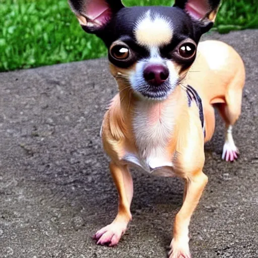 Prompt: a Chihuahua breed dog with an 8 pack and a chad face