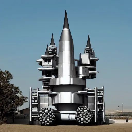 Prompt: photo of a modern metal castle with ballistic missiles on the roof