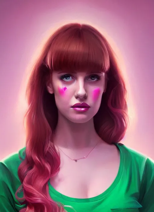 Image similar to full body portrait of teenage cheryl blossom, bangs, green eyes, sultry expression, red hair, sultry smirk, bangs and wavy hair, pink shirt, intricate, elegant, glowing lights, highly detailed, digital painting, artstation, concept art, smooth, sharp focus, illustration, art by wlop, mars ravelo and greg rutkowski