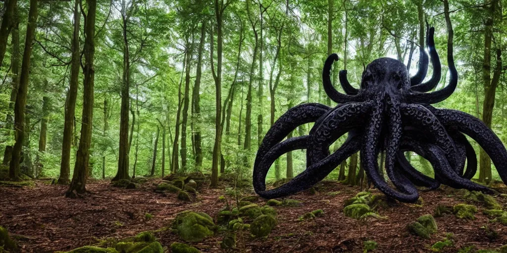 Image similar to a highly detailed giant black octopus god in the middle of a forest, beautiful ambient light, sun rays hitting the slightly transparent creature, 8k photography