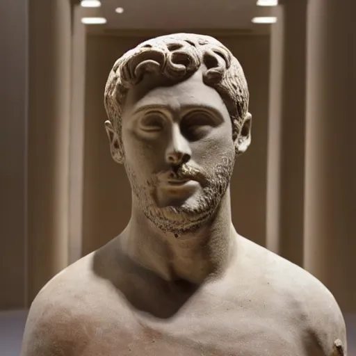 Image similar to an ancient greek clay statue of ryan gosling, the british museum