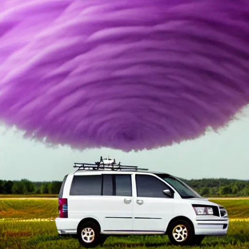 Image similar to white minivan driving away from a purple tornado