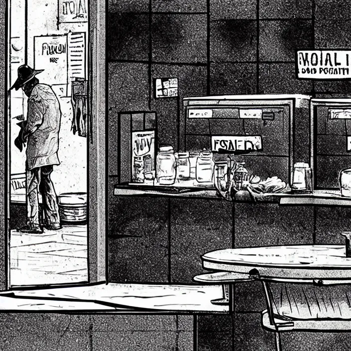 Prompt: close - up on poor quality food, water, and gruel : on a table. background : insterior of a dirty automated kiosk, black tiles on walls. black and white, pencil and ink. by gabriel hardman, joe alves, chris bonura. cinematic atmosphere, detailed and intricate, perfect anatomy