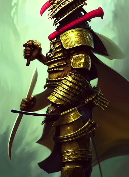 Image similar to a anthropomorphic banana wearing samurai armor, diffuse lighting, fantasy, intricate, elegant, highly detailed, lifelike, photorealistic, digital painting, artstation, illustration, concept art, smooth, sharp focus, art by frank frazetta and marco bucci and loish and rossdraws and artgerm and alphonse mucha