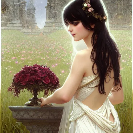 Image similar to a beautiful girl with dark hair and bangs, wearing a wedding dress, royal gardens background, fantasy, intricate, elegant, highly detailed, digital painting, artstation, concept art, matte, sharp focus, illustration, art by Artgerm and Greg Rutkowski and Alphonse Mucha