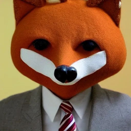 Image similar to a humanoid fox with a face inspired by mr. bean