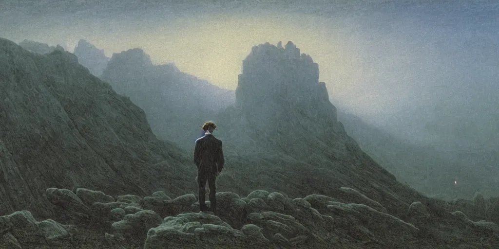 Image similar to small male figure in epic foggy mountainscape, expansive view, dozens of thin glowing straight lines extend from ground into the sky, by Caspar David friedrich