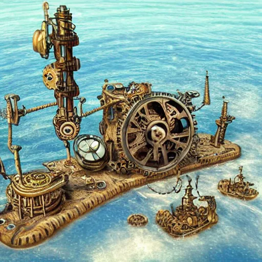 Prompt: a steampunk city on mechanical legs in the ocean