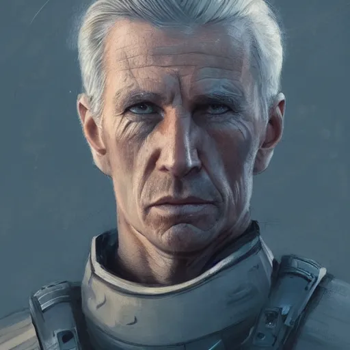 Image similar to Portrait of a man by Greg Rutkowski, he is about 60 years old, short blond hair, athletic and strong, straight jaw, wearing a futuristic tactical gear, expression of determination with weariness and resignation, older brother vibes, highly detailed portrait, digital painting, artstation, concept art, smooth, sharp foccus ilustration, Artstation HQ.