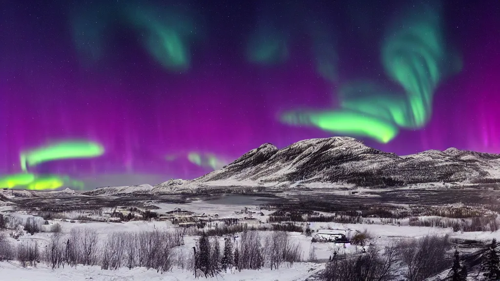 Prompt: ignis fatuus, aurora borealis, mountains in the distance, multiple moons, future city