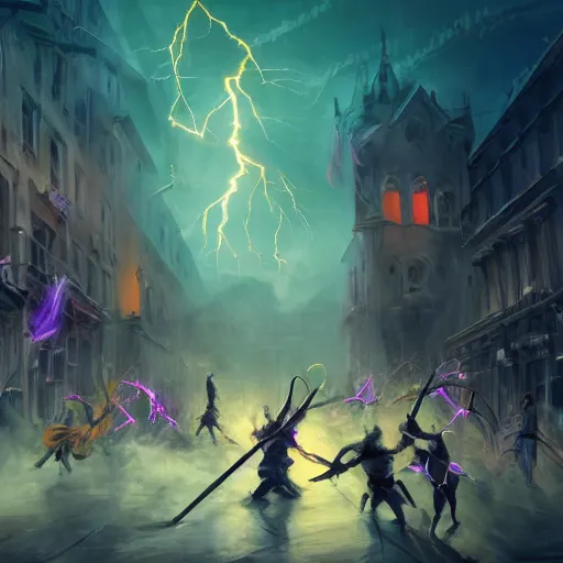 Image similar to A photo of a few sorcerers holding magic staffs and attacking people on the street with thunders, in the downtown, fire from sky, blue lightnings, dramatic purple thunders, golden meteors, war, dramatic shadows, powerful photo, magic, dramatic lighting, intricate, wild, highly detailed, digital painting, artstation, concept art, smooth, sharp focus, illustration, art by artgerm and greg rutkowski and alphonse mucha, footage